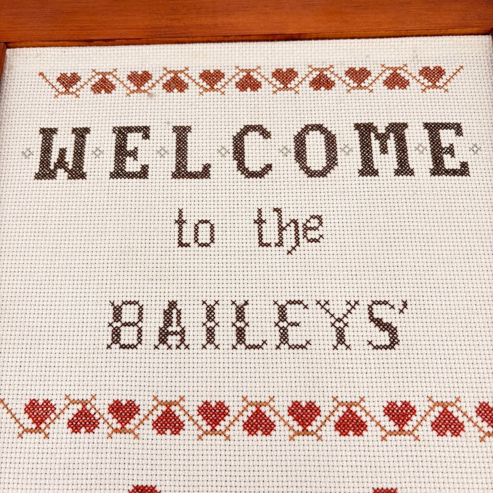 Vintage Handmade Cross Stitch Welcome Baileys Colonial House Wood Frame 24x14.5 - Picture 4 of 8
